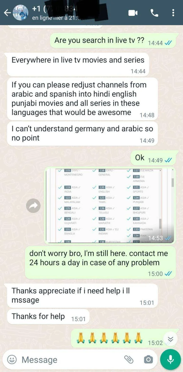 IPTV Web WhatsApp customer testimonial showing real feedback